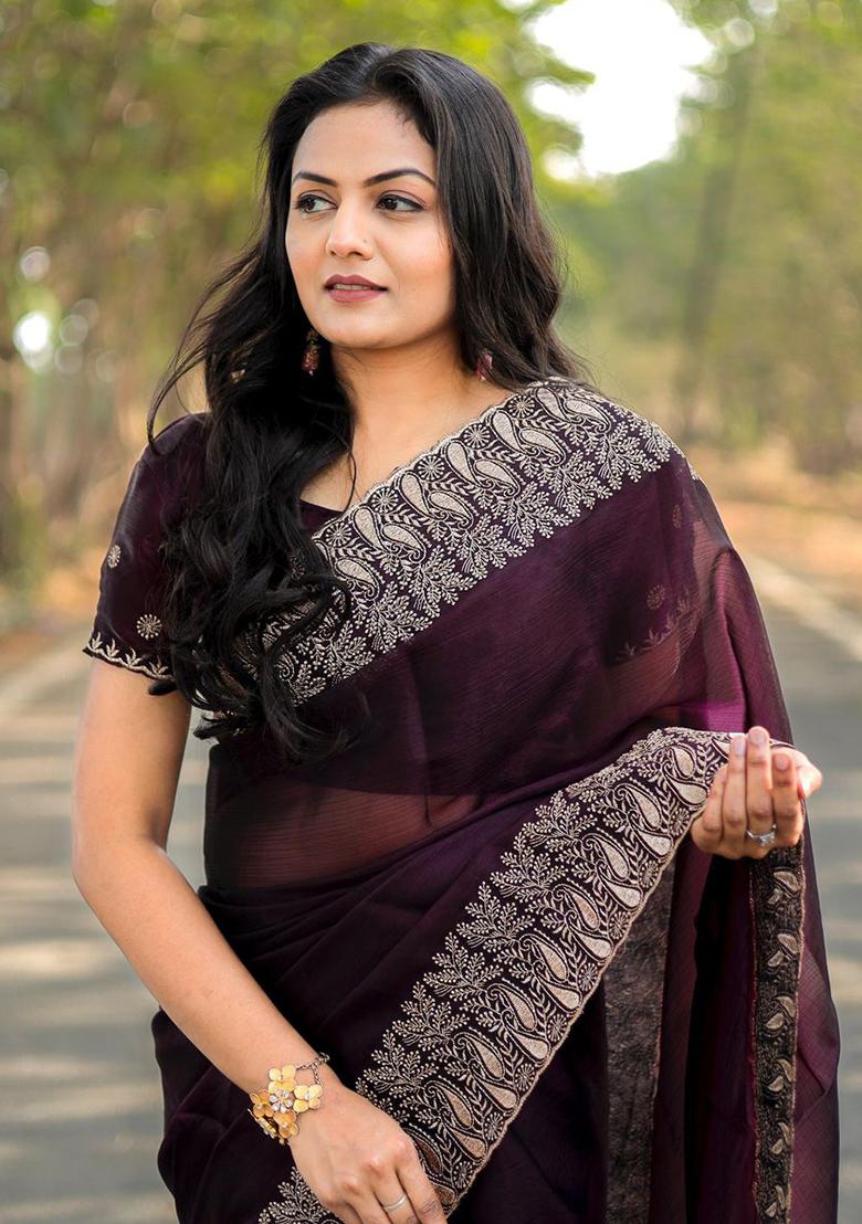 Wine Solid Burberry Silk Saree Set