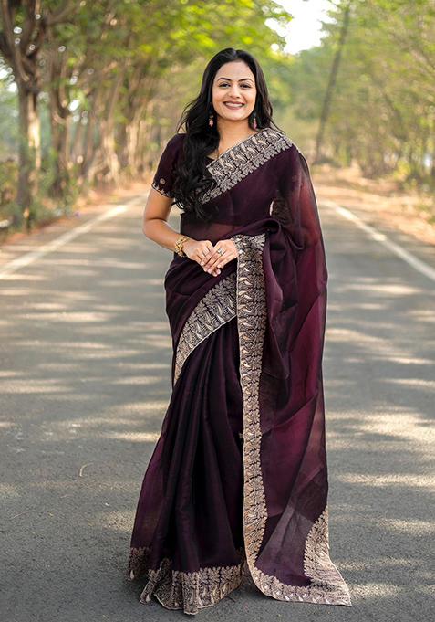 Wine Solid Burberry Silk Saree Set