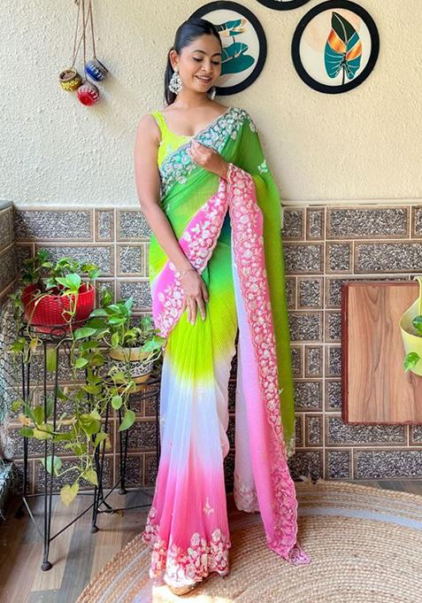 Parrot Green Solid Georgette Saree Set