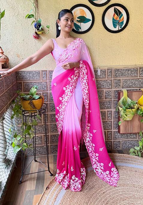 Pink Solid Georgette Saree Set