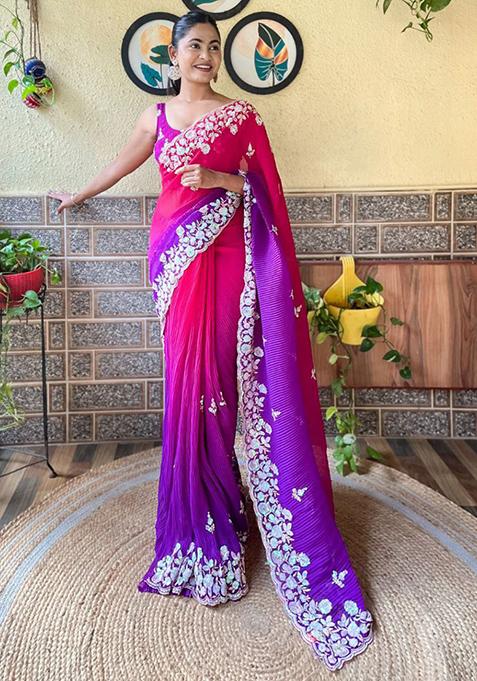 Purple Solid Georgette Saree Set