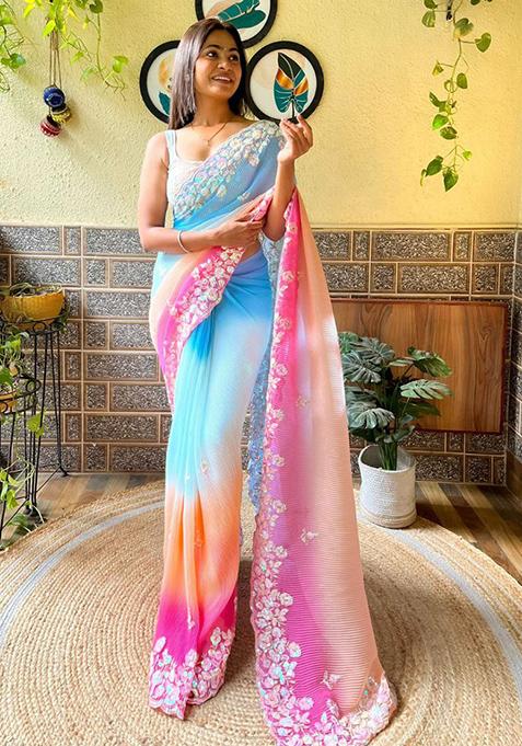 Sky Blue Solid Georgette Saree Set