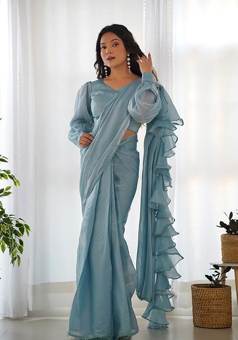 Sky Blue Solid Jimmy Choo Saree Set