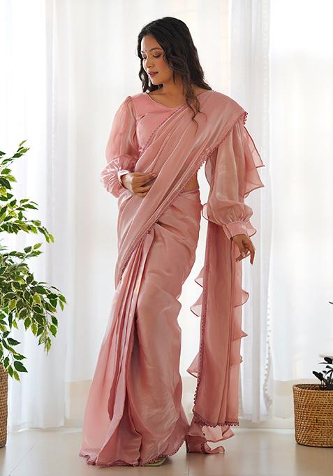 Peach Solid Jimmy Choo Saree Set