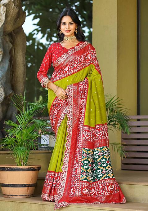 Olive Solid Silk Saree Set