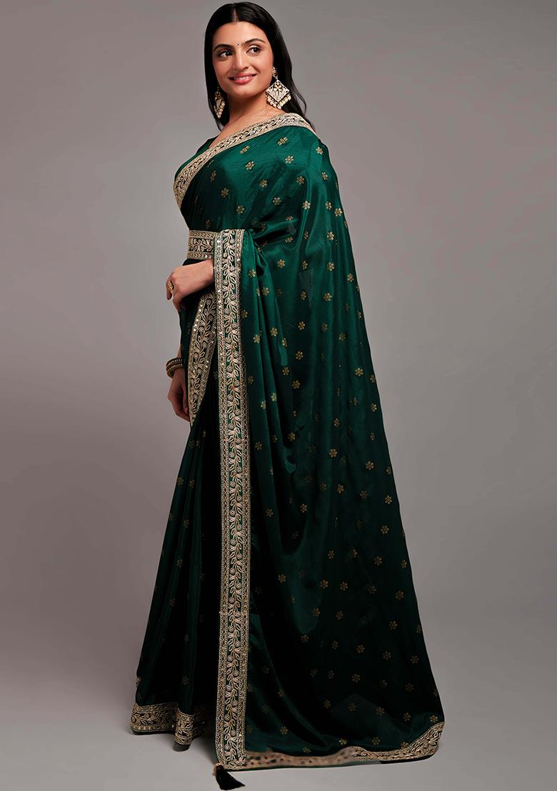 Green Solid Chinon Saree Set