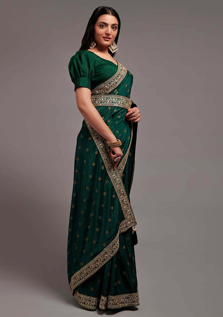 Green Solid Chinon Saree Set