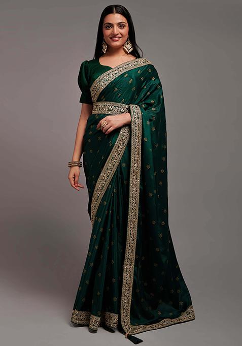 Green Solid Chinon Saree Set