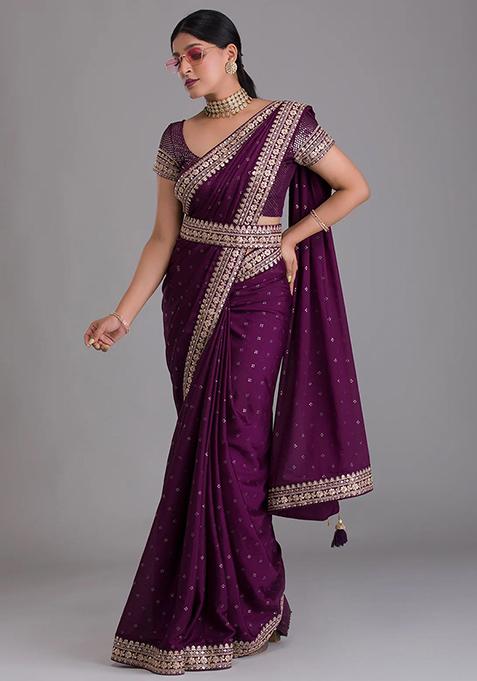 Wine Solid Chinon Saree Set