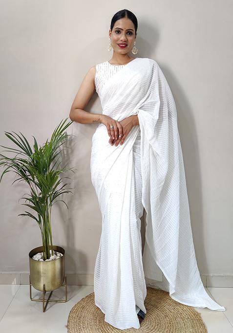 White Solid Georgette Saree Set