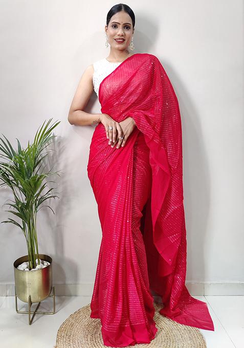 Red Solid Georgette Saree Set