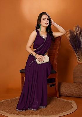 Purple Mirror Work Solid Saree Set