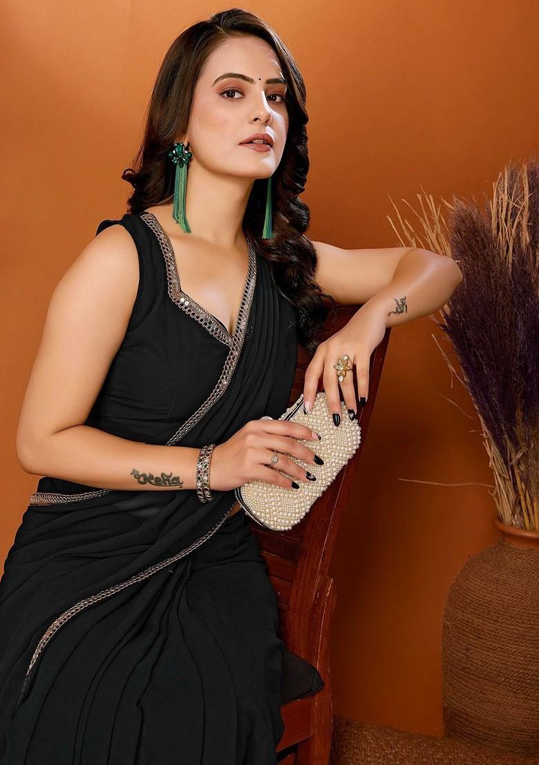 Black Sequin Embellished Pure Georgette Saree Set