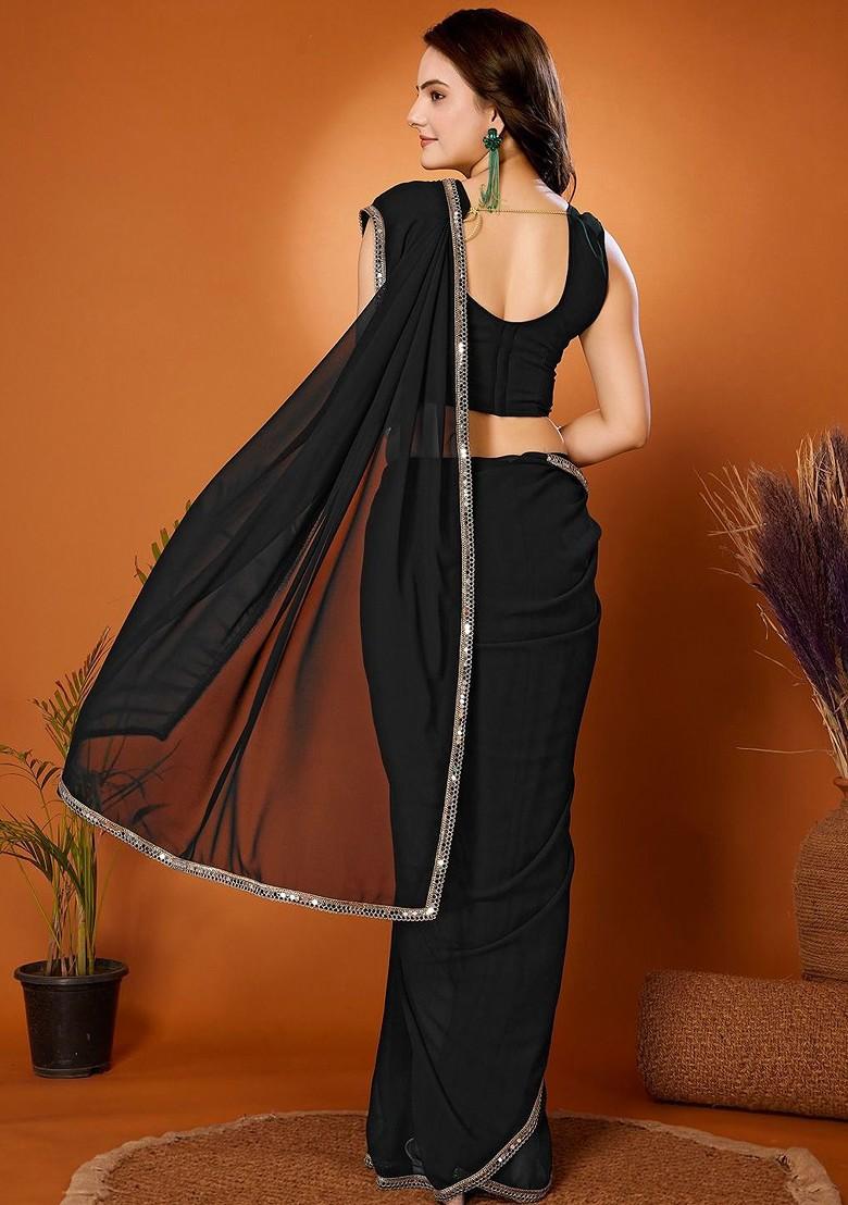 Black Sequin Embellished Pure Georgette Saree Set