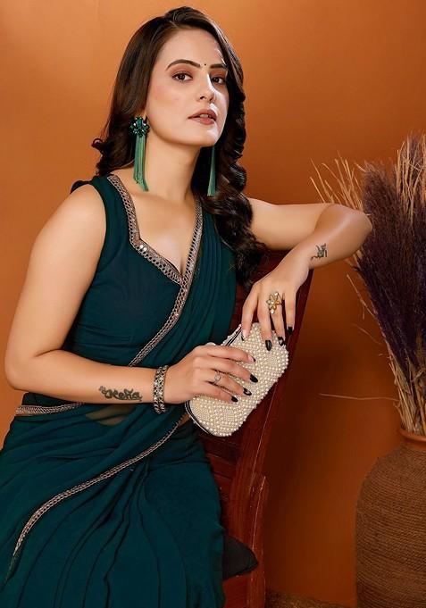 Teal Mirror Work Poly Georgette Saree Set