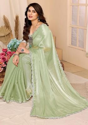 Lime Green Zari Embroidered Solid Saree Set