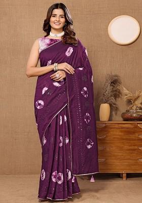 Purple Tie And Dye Sequin Embroidered Chanderi Saree Set