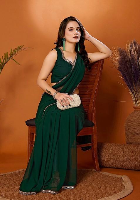 Green Embellished Mirror Work Saree Set