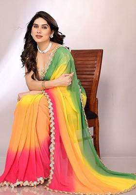 Peach Ombre Sequin Embroidered Pure Georgette Saree Set