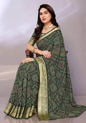 Green Bandhani Print Woven Zari Saree Set