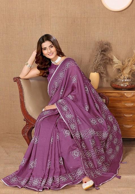 Lavender Bandhani Print Chanderi Saree Set