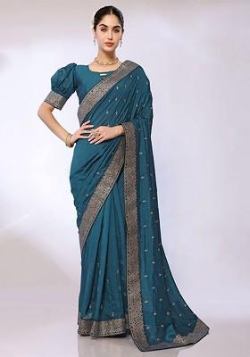 Teal Floral Print Zari Saree Set