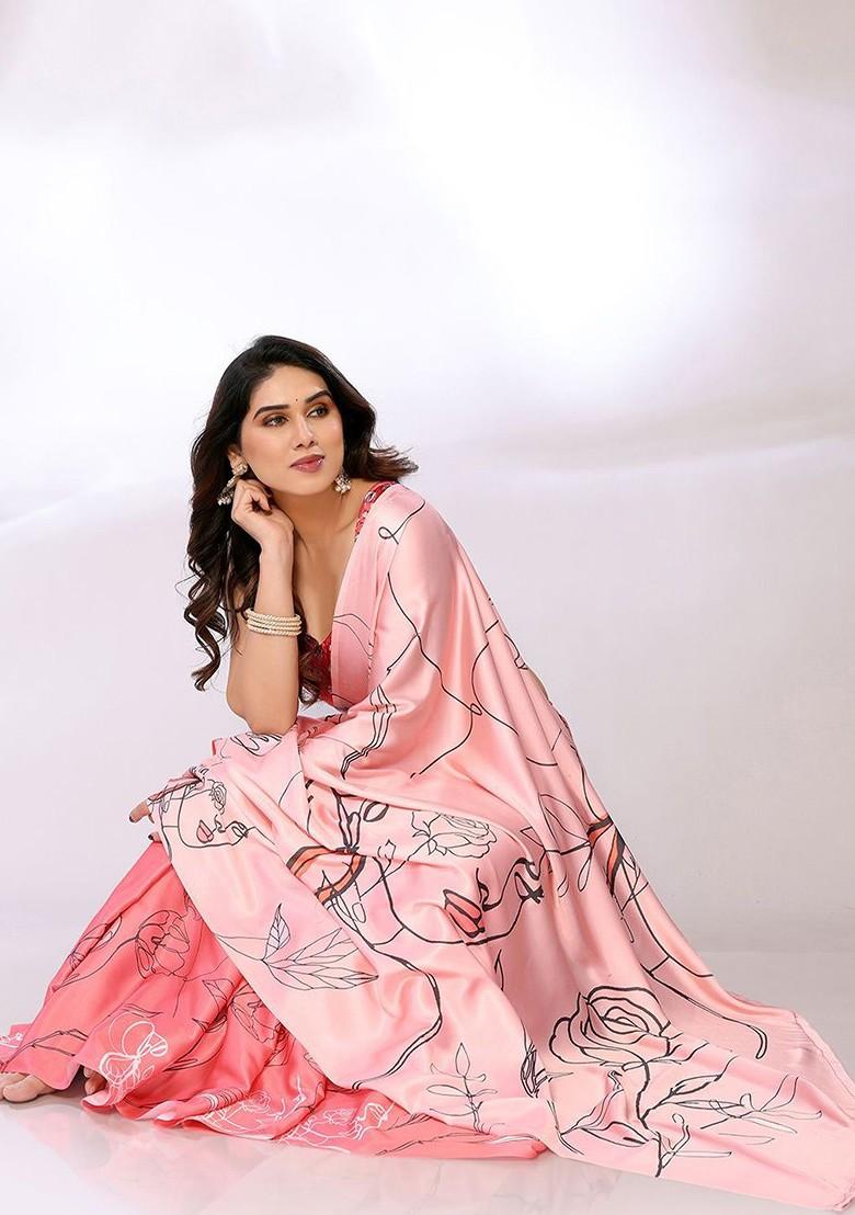 Pink Floral Print Satin Saree Set