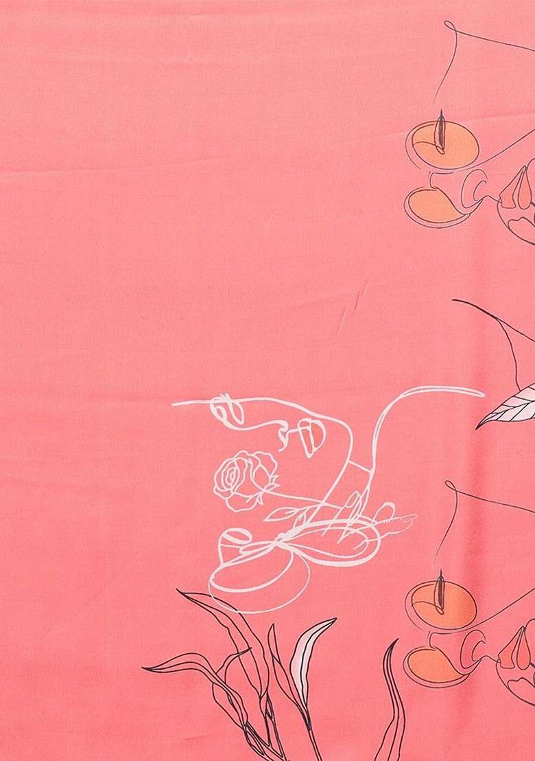 Pink Floral Print Satin Saree Set - Indya