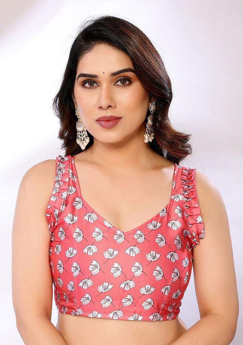 Pink Floral Print Satin Saree Set