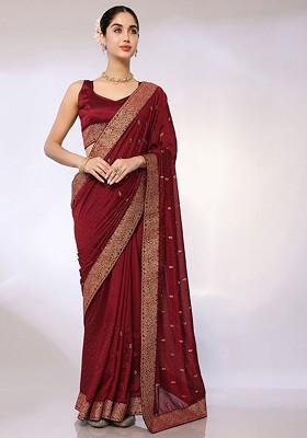 Maroon Ethnic Motif Embroidered Saree Set