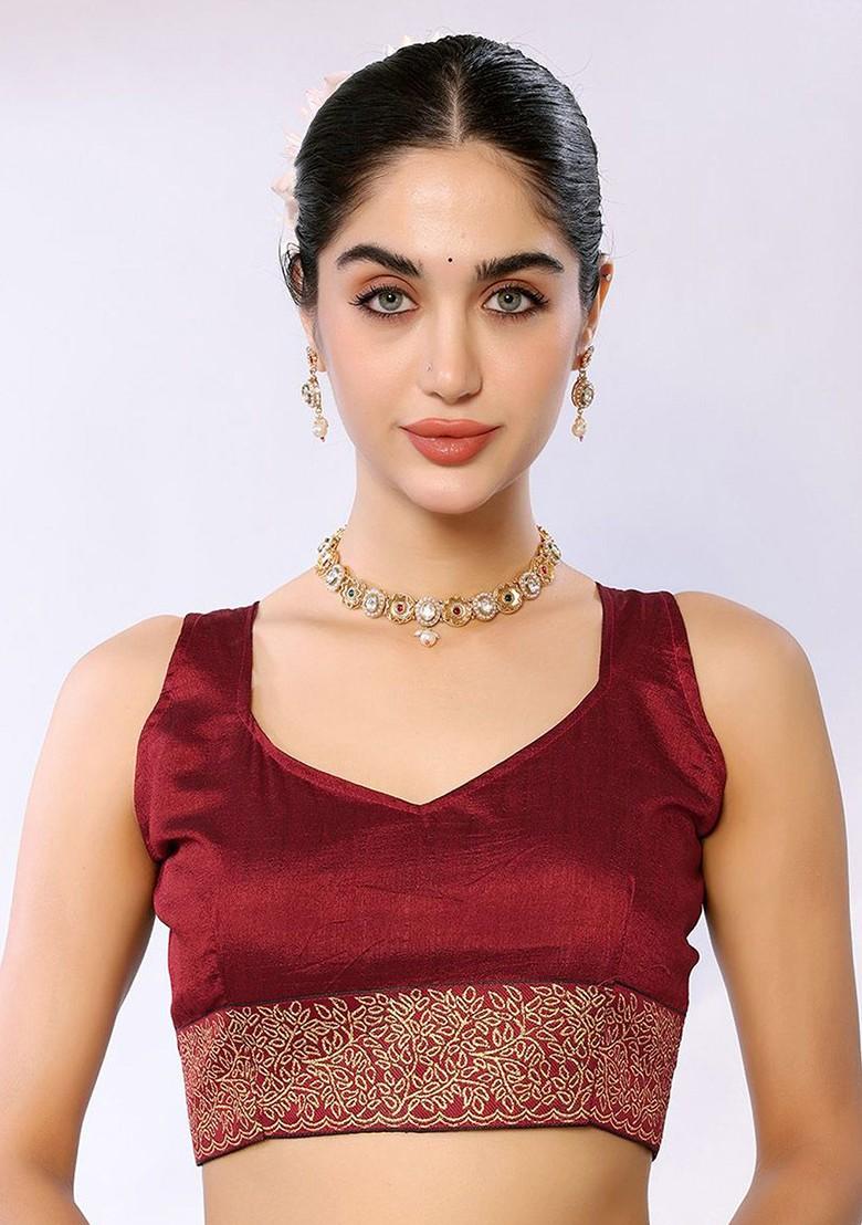 Maroon Ethnic Motif Embroidered Saree Set