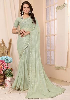 Lime Green Striped Sequin Embellished Saree Set