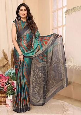 Blue Printed Saree Set