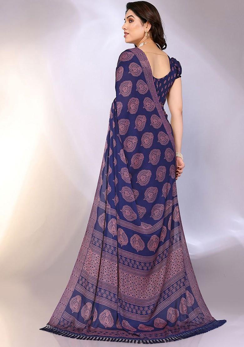 Navy Blue Ethnic Motifs Saree Set - Indya