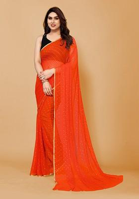 Orange Embellished Zari Poly Chiffon Saree Set