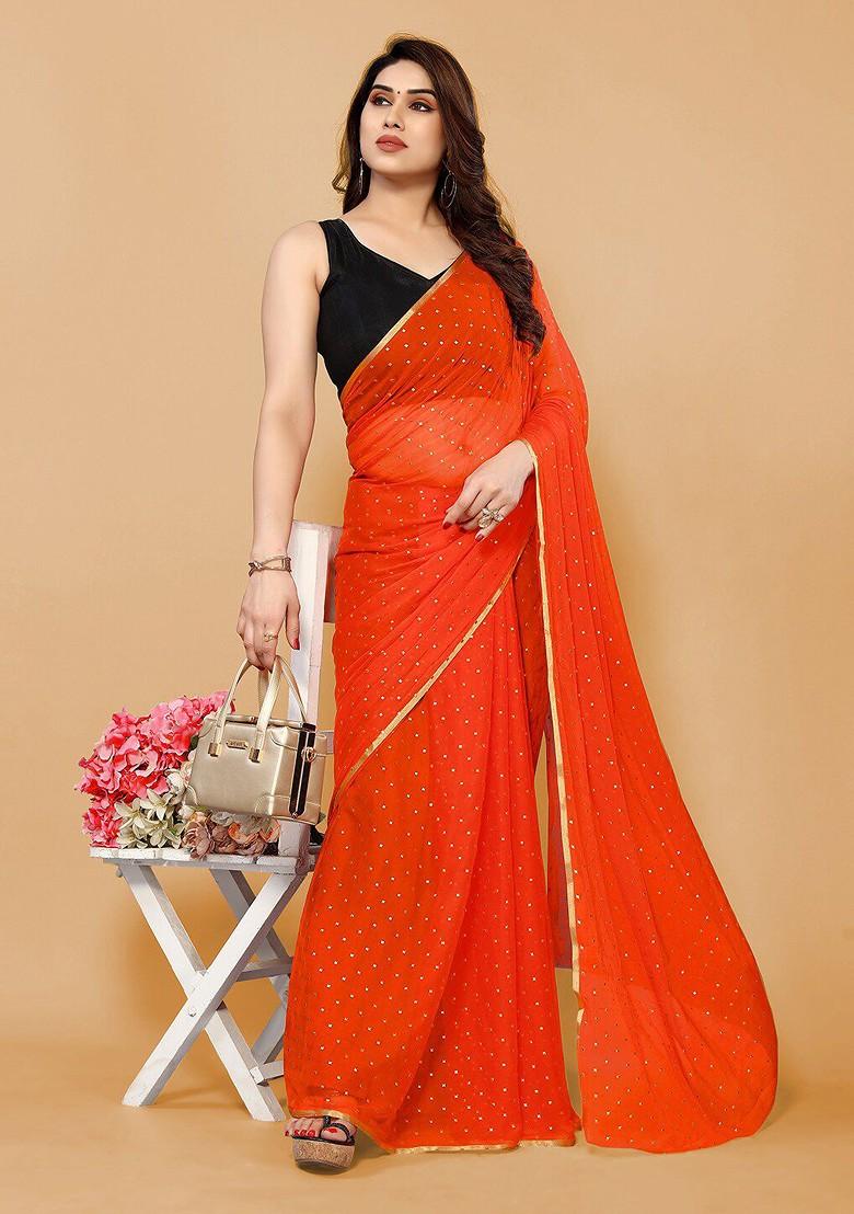 Orange Embellished Zari Poly Chiffon Saree Set