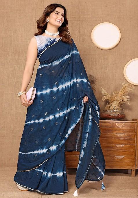 Blue Tie And Dye Sequin Embroidered Chanderi Saree Set