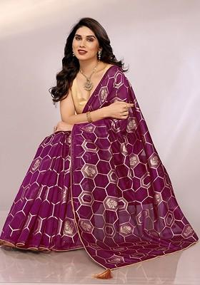 Purple Geometric Zari Saree Set