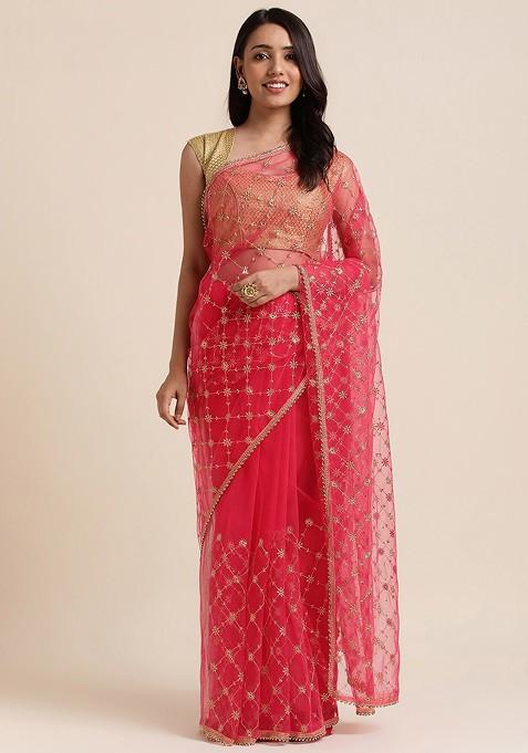 Pink Ethnic Motifs Embroidered Net Saree Set