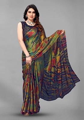 Green Ethnic Motif Printed Poly Chiffon Saree Set