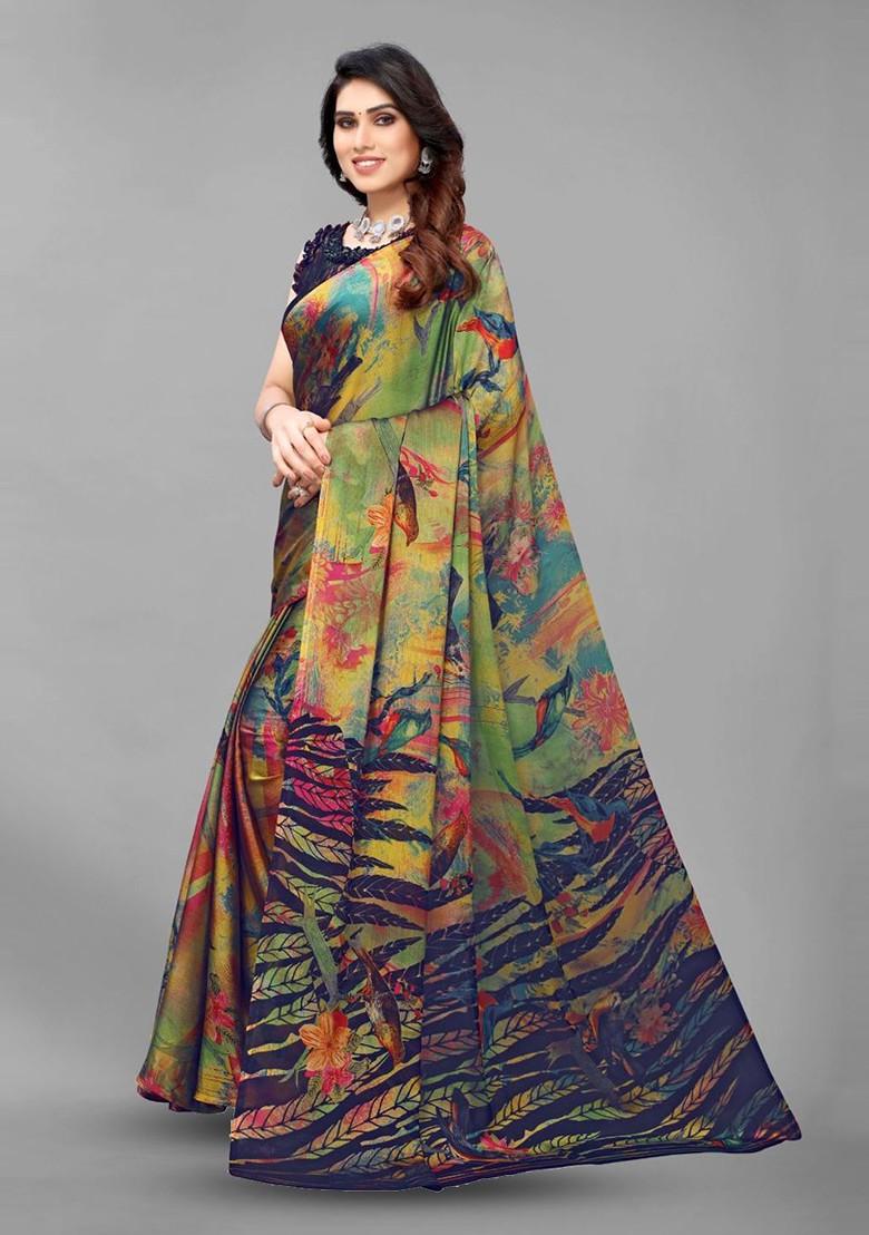 Green Ethnic Motif Printed Poly Chiffon Saree Set