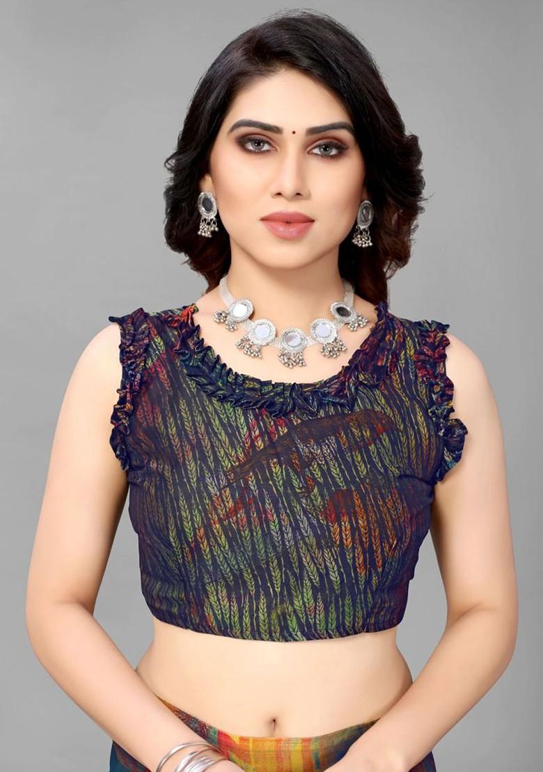 Green Ethnic Motif Printed Poly Chiffon Saree Set