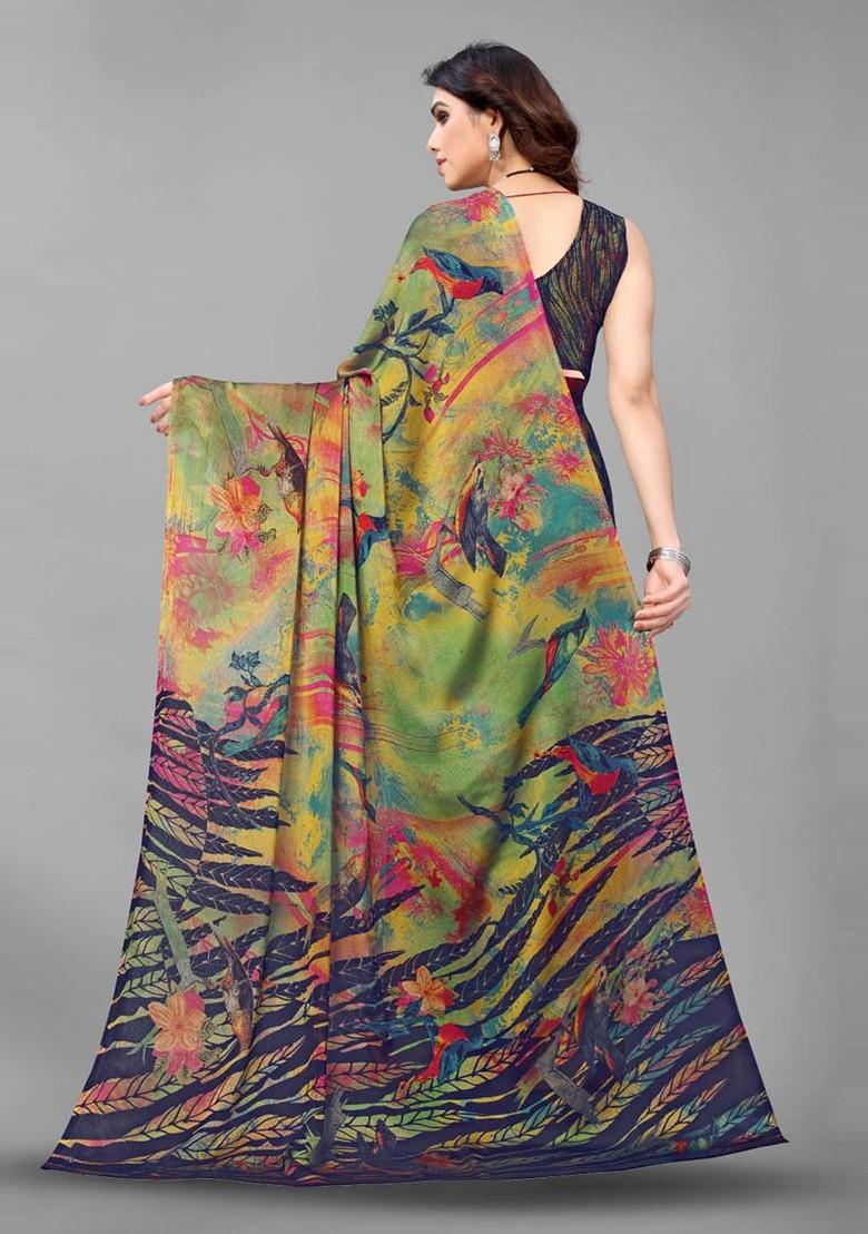 Green Ethnic Motif Printed Poly Chiffon Saree Set