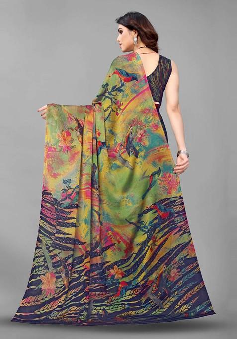 Green Ethnic Motif Printed Poly Chiffon Saree Set