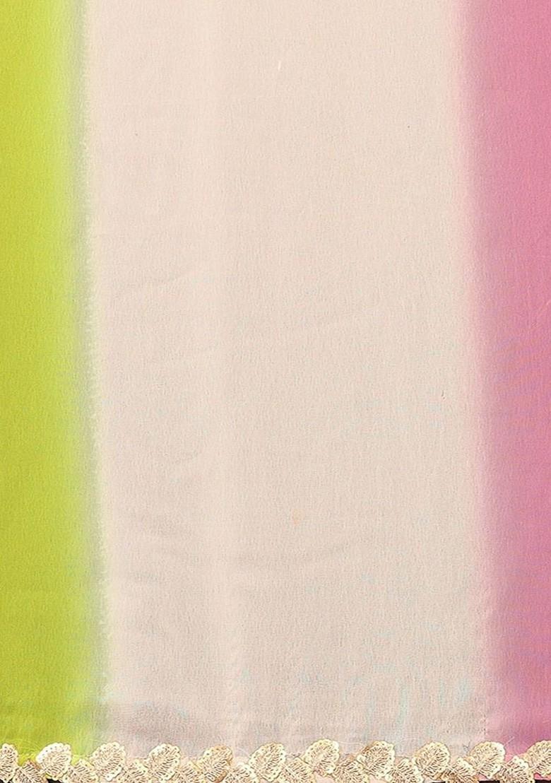 Green Colour Blocked Poly Georgette Saree Set - Indya