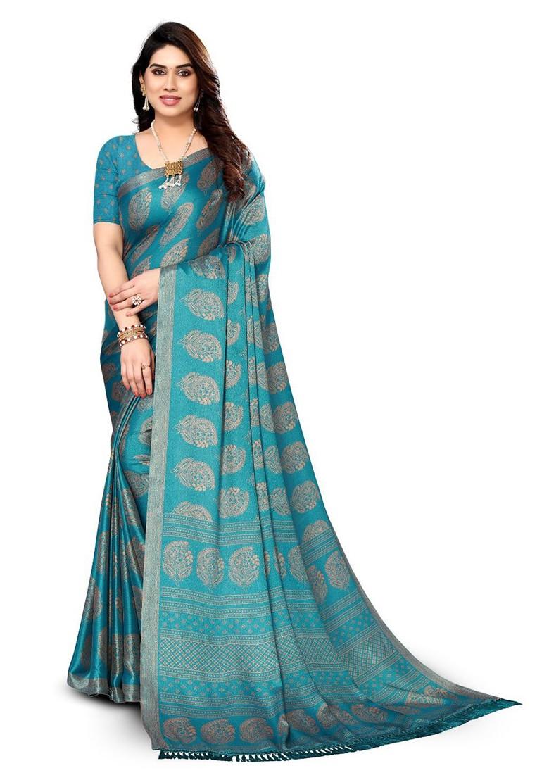 Blue Ethnic Motifs Printed Pure Chiffon Saree Set