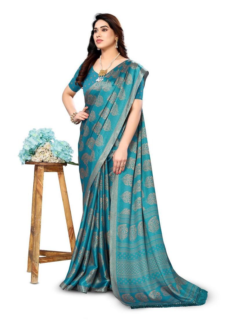 Blue Ethnic Motifs Printed Pure Chiffon Saree Set