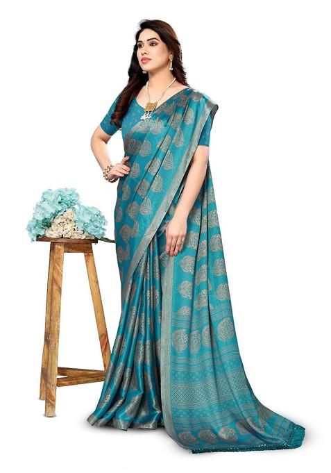Blue Ethnic Motifs Printed Pure Chiffon Saree Set