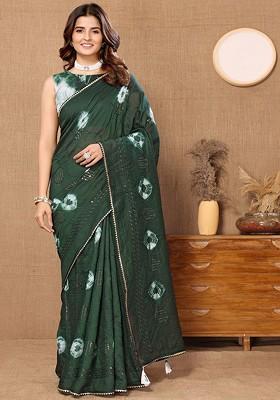 Green Tie And Dye Sequin Embroidered Chanderi Saree Set