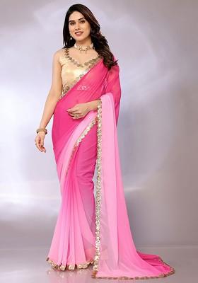 Pink Ombre Sequin Embroidered Saree Set